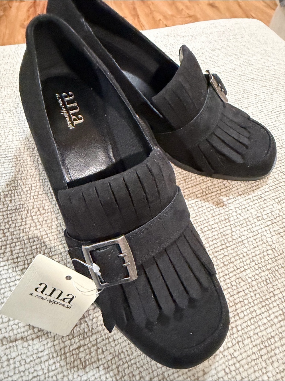 a.n.a Black Suede Fringe Loafers with Silver Buckles